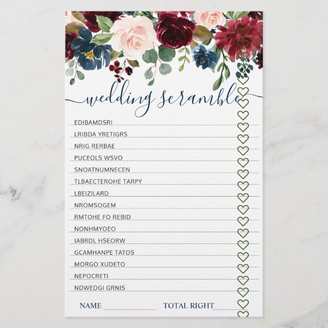 Burgundy Navy Blush Flowers Bridal Shower Games (Front)