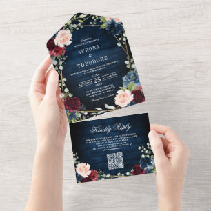 Burgundy Navy Blush Geometric QR Code Wedding All In One Invitation