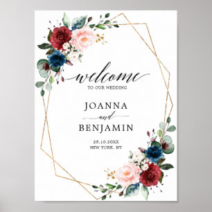 Burgundy Navy Blush Gold Geometric Wedding welcome Poster