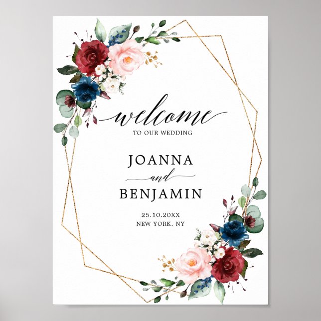 Burgundy Navy Blush Gold Geometric Wedding welcome Poster (Front)