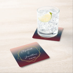 Burgundy Navy Blush Ombre Geometric Wedding Square Paper Coaster