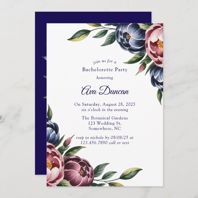 Burgundy Navy Blush Peony Bachelorette Party Invitation (Front/Back)