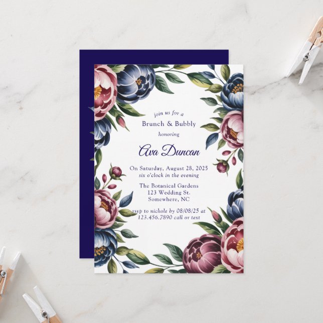 Burgundy Navy Blush Peony Brunch and Bubbly Invitation (Front/Back In Situ)