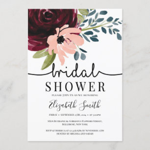 Burgundy navy blush pink floral bridal shower invitation