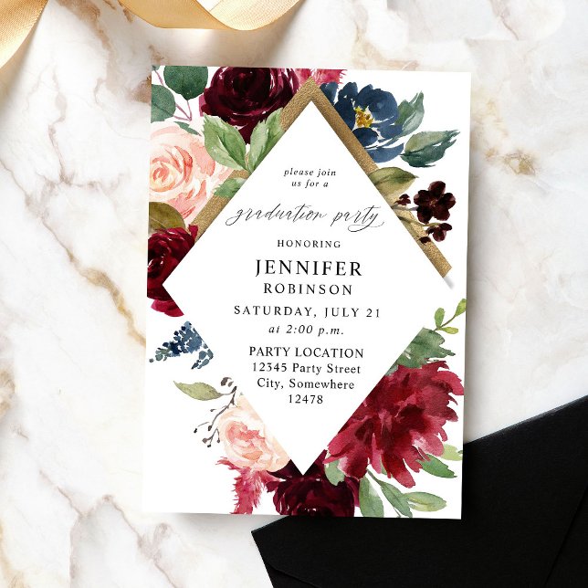 Burgundy Navy & Blush Pink Floral Graduation Party Invitation (Creator Uploaded)