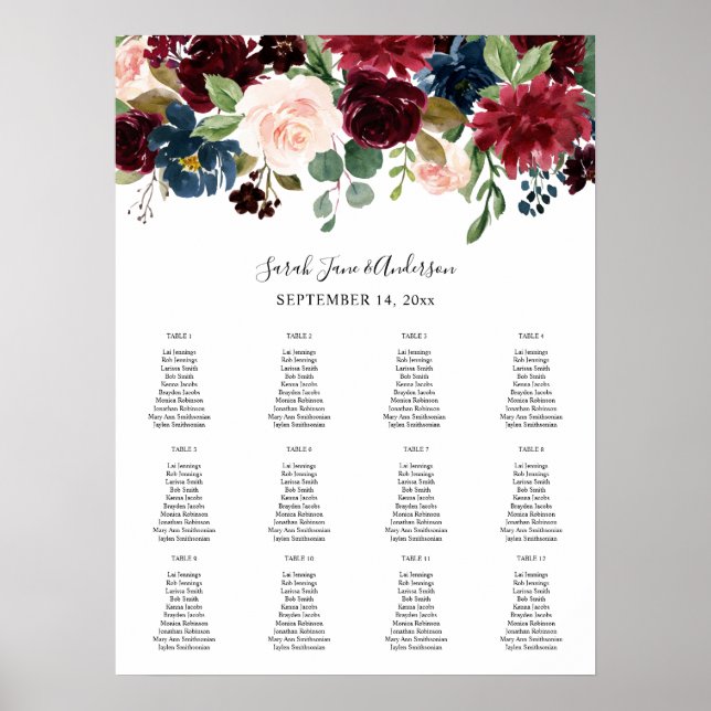 Burgundy, Navy Blush Pink Floral Seating Chart -12 (Front)