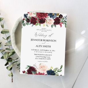 Burgundy & Navy, Blush Pink Floral Wedding 2 Invit Invitation