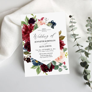 Burgundy & Navy, Blush Pink Floral Wedding Invitation