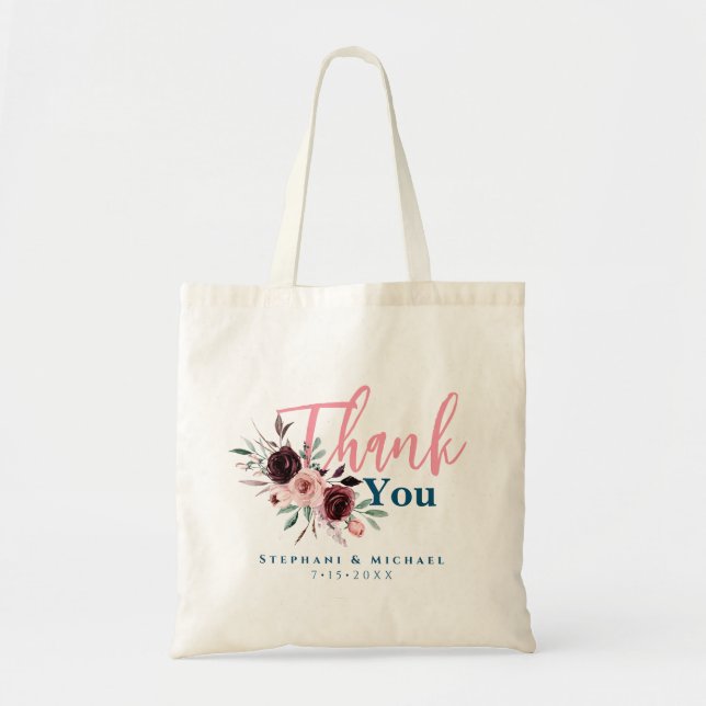 Burgundy Navy Blush Pink Floral Wedding Thank You Tote Bag (Front)