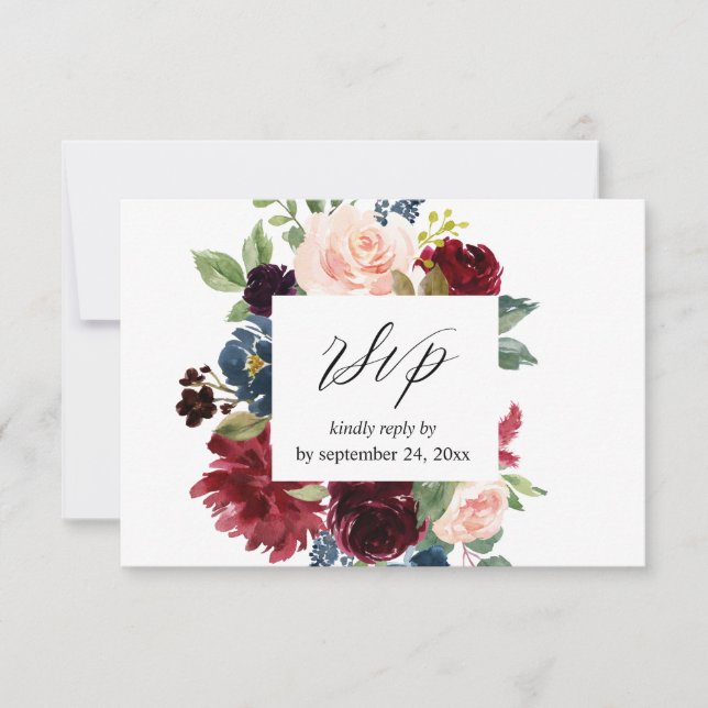 Burgundy & Navy, Blush Pink Floral with Meal RSVP  Card (Front)