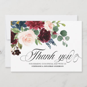 Burgundy Navy Blush Pink Florals Botanical Thank You Card