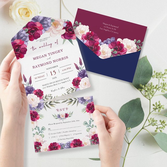Burgundy Navy Blush Rustic Chic Floral RSVP All In One Invitation (Creator Uploaded)