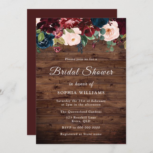 Burgundy, Navy Blush Rustic Wood Bridal Shower Invitation (Front/Back)