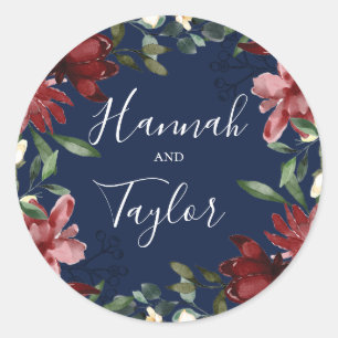 Burgundy Navy Botanical Wreath Wedding Classic Round Sticker