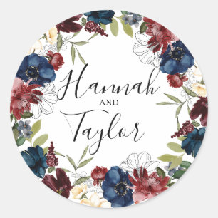 Burgundy Navy Botanical Wreath Wedding Classic Round Sticker