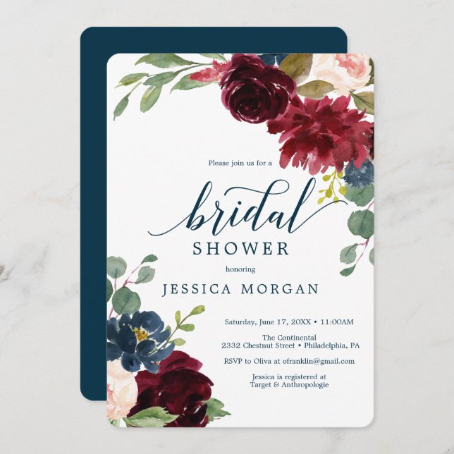 Burgundy Navy Bridal Shower Invitation Card (Front/Back)