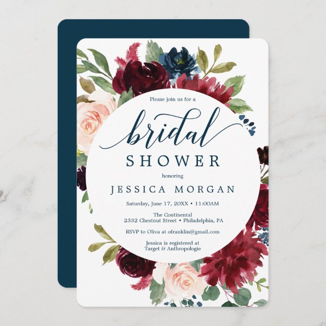 Burgundy Navy Bridal Shower Invitation Card (Front/Back)