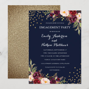 Burgundy Navy Confetti Floral Engagement Party Invitation