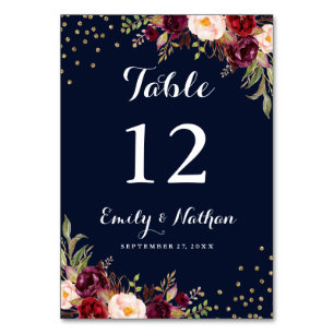 Burgundy Navy Confetti Floral Wedding Table Number