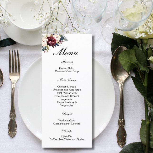 Burgundy Navy Cream Floral Botanical Wedding  Menu (Burgundy Navy Blue Cream Floral Botanical Watercolor Wedding Menu)