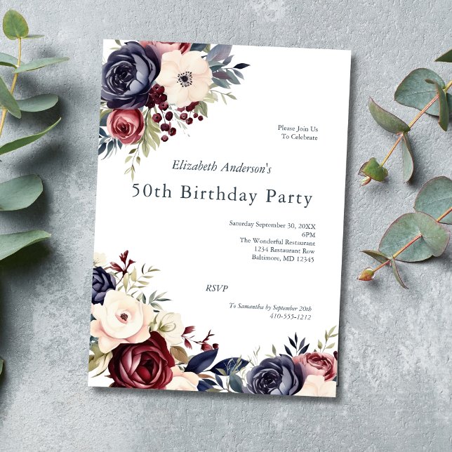 Burgundy Navy Cream Floral Watercolor 50 Birthday Invitation (Burgundy cream blue floral greenery botanical 50th birthday party invitation. Printed or digitial)