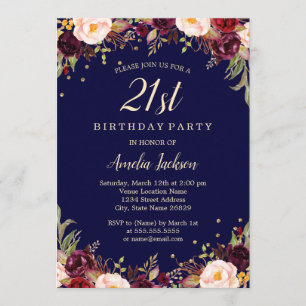 Burgundy Navy Elegant Floral 21st Birthday Party Invitation
