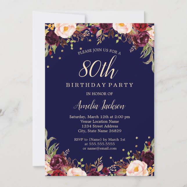 Burgundy Navy Elegant Floral 80th Birthday Party Invitation (Front)