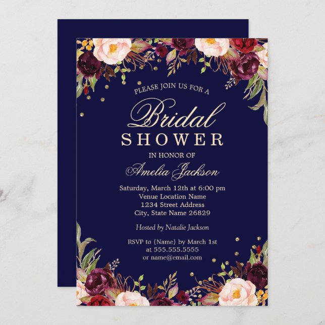 Burgundy Navy Elegant Floral Bridal Shower Invitation (Front/Back)