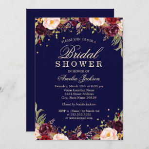 Burgundy Navy Elegant Floral Bridal Shower Invitation