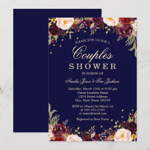 Burgundy Navy Elegant Floral Couples Shower Invitation