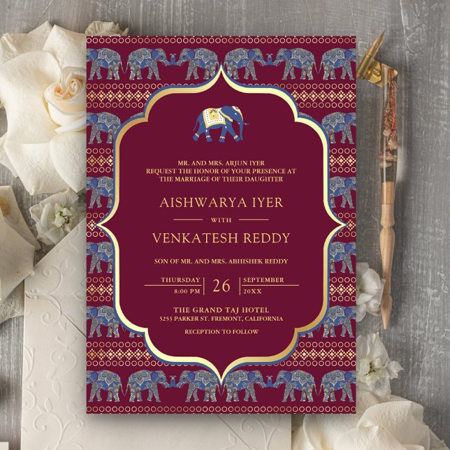 Burgundy Navy Elephant All in One Indian Wedding Invitation (Creator Uploaded)