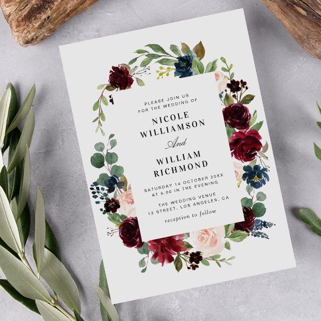 burgundy navy eucalyptus blush floral wedding invitation (Creator Uploaded)