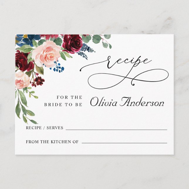 Burgundy Navy Eucalyptus Bridal Shower Recipe Card (Front)