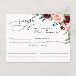 Burgundy Navy Eucalyptus Bridal Shower Recipe Card