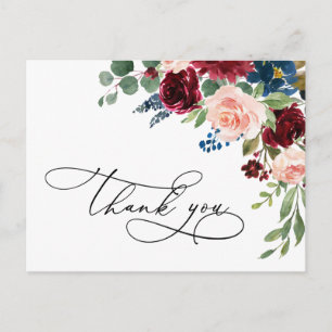Burgundy Navy Eucalyptus Rose Floral Thank You Postcard