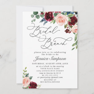 Burgundy Navy Eucalyptus Roses Bridal Brunch Invitation
