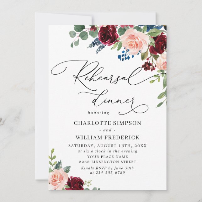 Burgundy Navy Eucalyptus Roses REHEARSAL DINNER Invitation (Front)