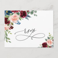 Burgundy Navy Eucalyptus Roses Wedding RSVP