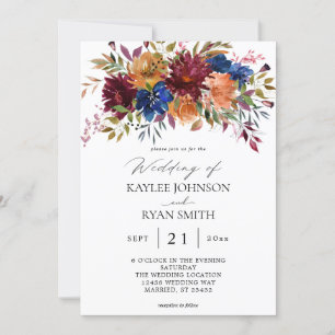 Burgundy & Navy Fall Floral Wedding  Invitation