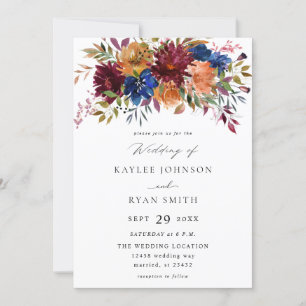 Burgundy & Navy Fall Floral Wedding V2 Invitation