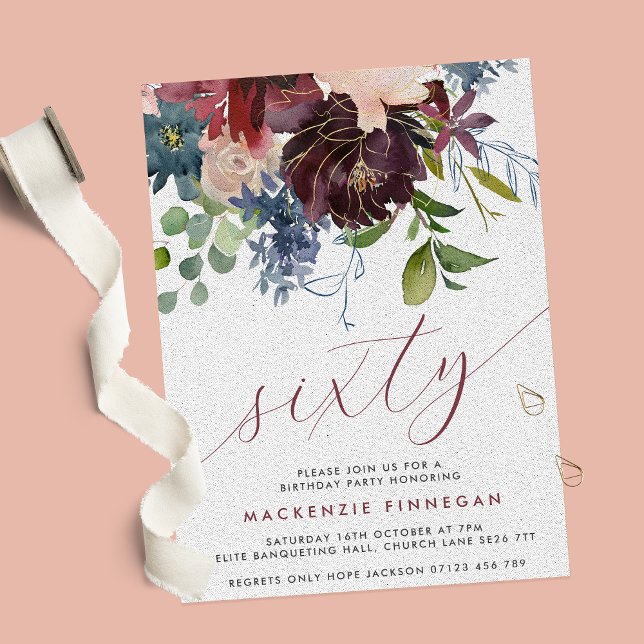 Burgundy & Navy Floral 60th Script Birthday Party Invitation (Creator Uploaded)