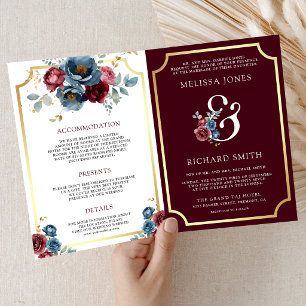 Burgundy Navy Floral Ampersand QR Code Wedding Invitation