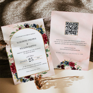 Burgundy Navy Floral Arch Frame QR Code Wedding Invitation