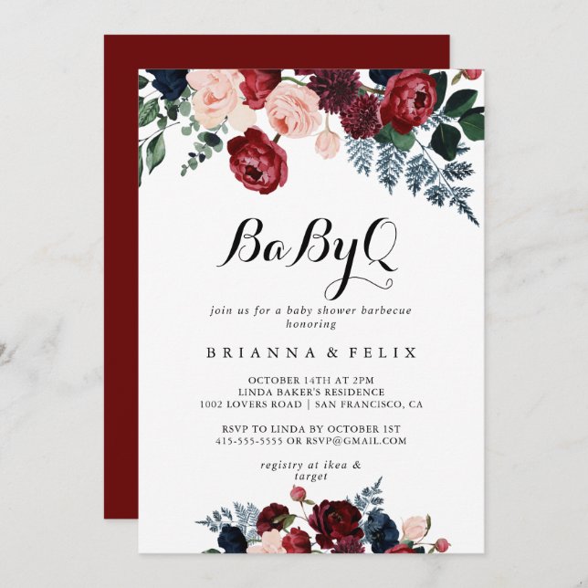 Burgundy Navy Floral BabyQ Baby Shower Barbecue  Invitation (Front/Back)