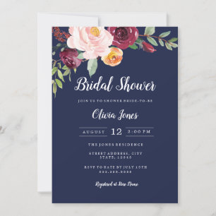 Burgundy Navy Floral Bridal Shower Invitation