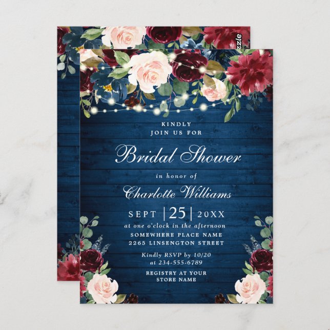 Burgundy Navy Floral Bridal Shower Invitations (Front/Back)