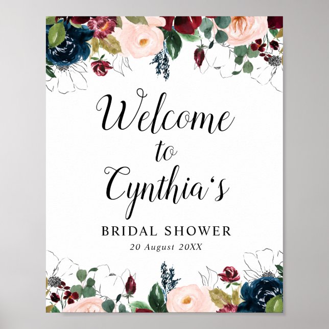burgundy & navy floral bridal shower welcome sign (Front)