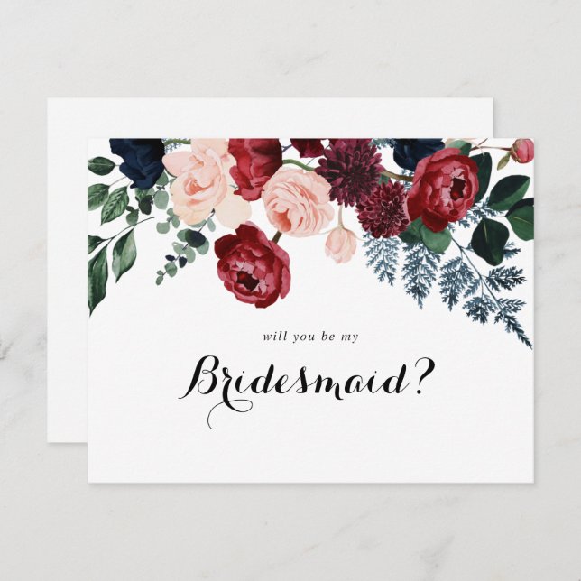 Burgundy Navy Floral Bridesmaid Proposal Note Card (Front/Back)