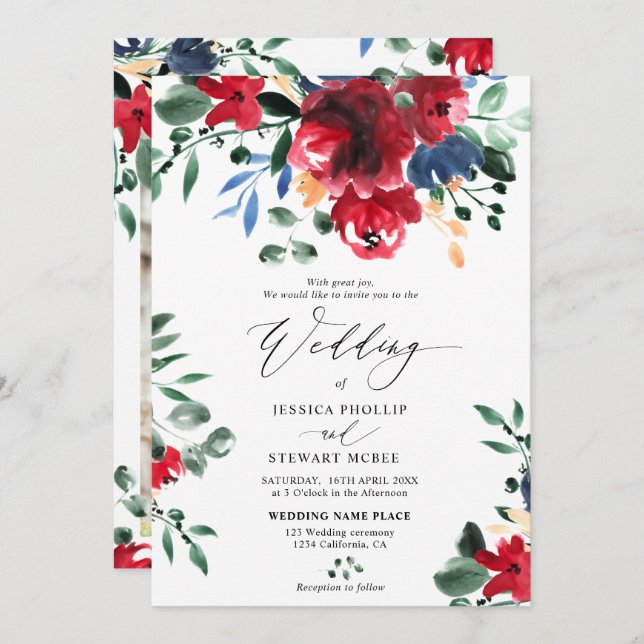 Burgundy navy floral calligraphy photo wedding invitation (Front/Back)