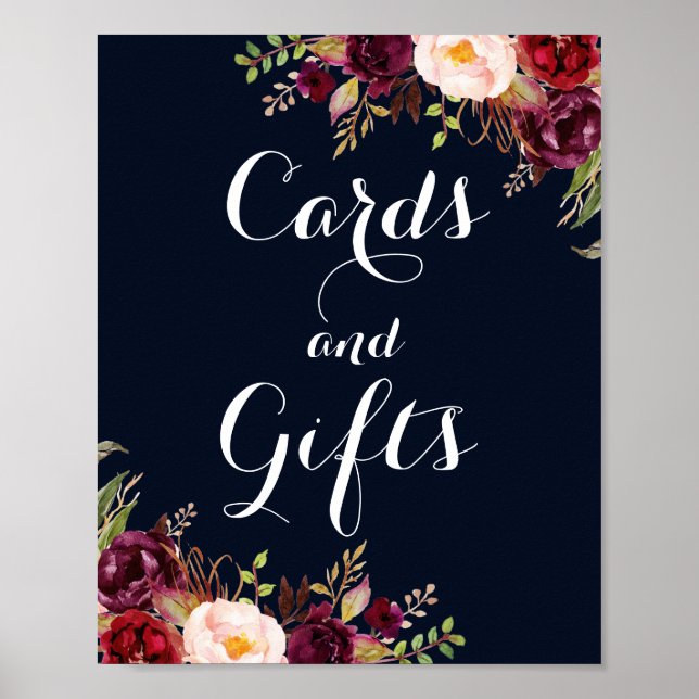 Burgundy Navy Floral Cards And Gifts Wedding Poster (Front)